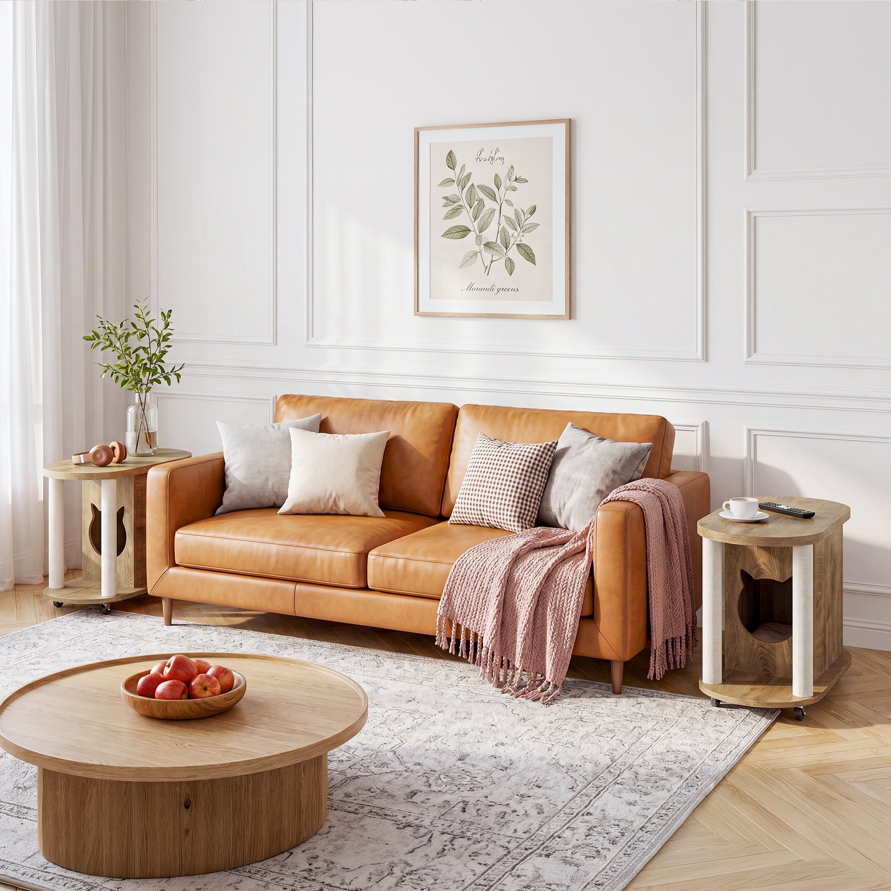Modern Cat House Side Table with Hidden Bed, Scratching Posts and Casters