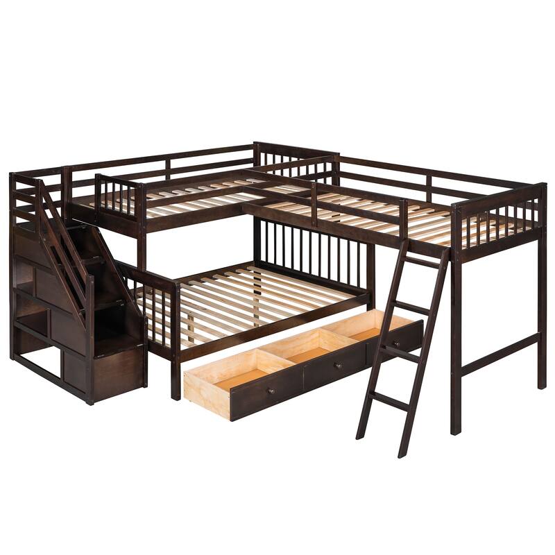 Espresso Twin over Full Size Solid Wood L-Shaped Bunk Bed With 3 Drawers, Ladder and Staircase
