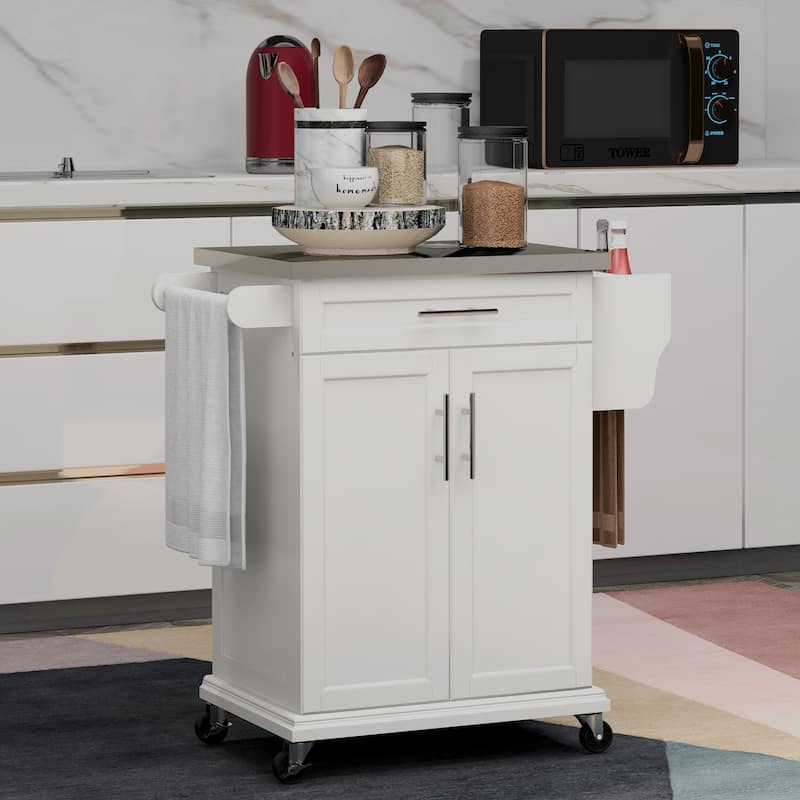 Kitchen Island on Wheels, Rolling Kitchen Cart with Stainless Steel Countertop, Drawer, Towel Rack and Spice Rack