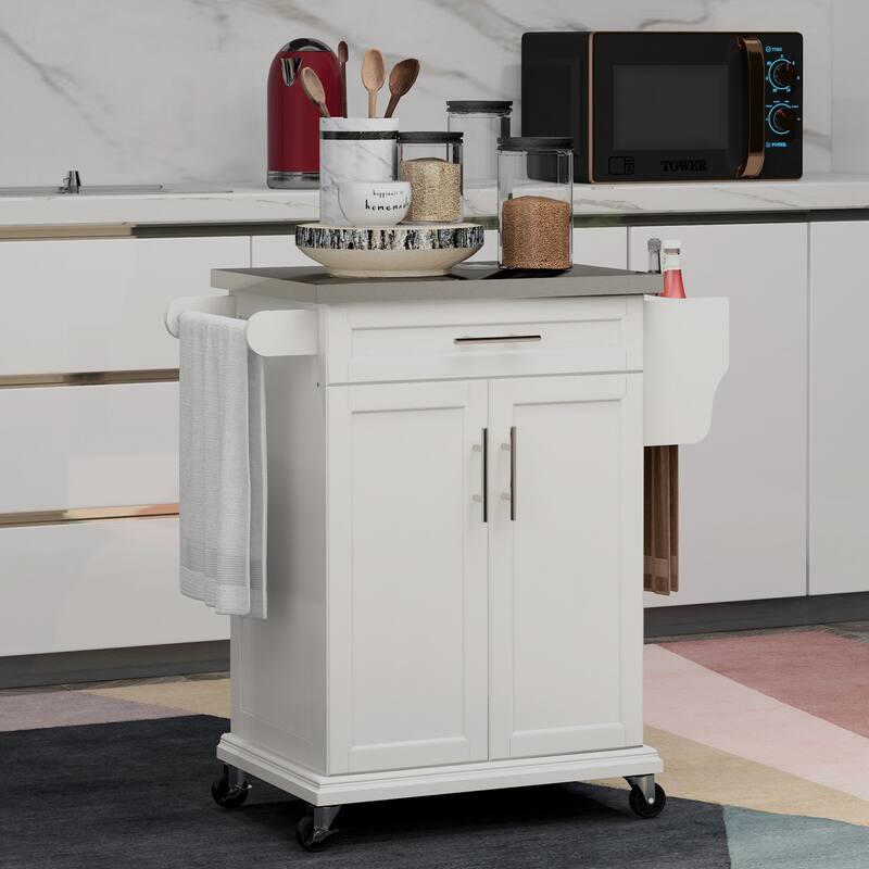Kitchen Island on Wheels, Rolling Kitchen cart with Stainless Steel Countertop, Drawer, Towel Rack and Spice Rack