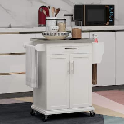 Kitchen Island with Stainless Steel Countertop, Rolling Kitchen Cart with Storage Cabinet, Kitchen Cabinet with Spice Rack
