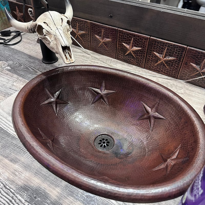 19" Oval Copper Bathroom Sink with TEXAS STARS Design by SimplyCopper - 19" x 14" x 5.5"