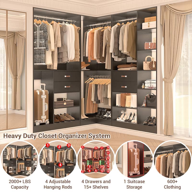 Rackcog 71'' - 110'' Set of 3 Freestanding Corner Closet Organizer, Reversible Wardrobe with Hanging Rods