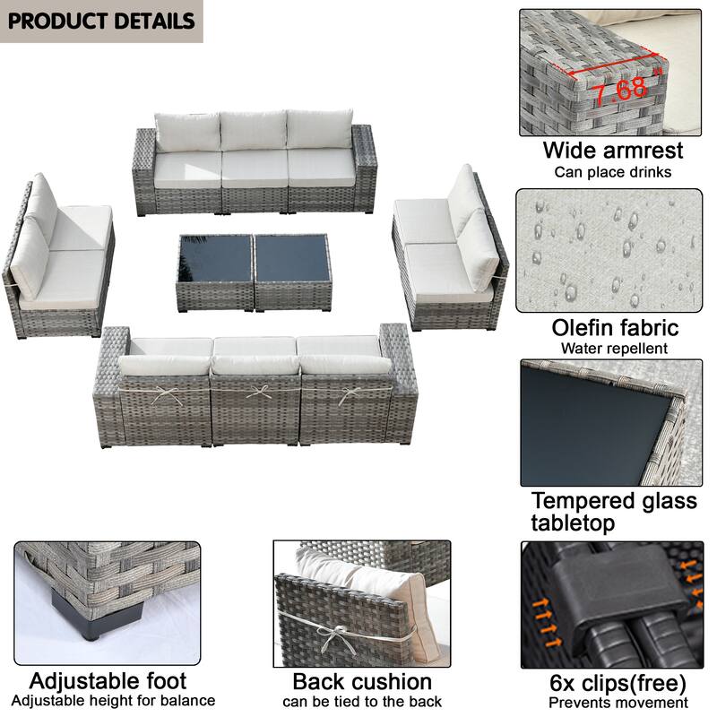 HOOOWOOO 12-Piece Rattan Outdoor Patio Furniture Modular Wide Armrest Sectional Set