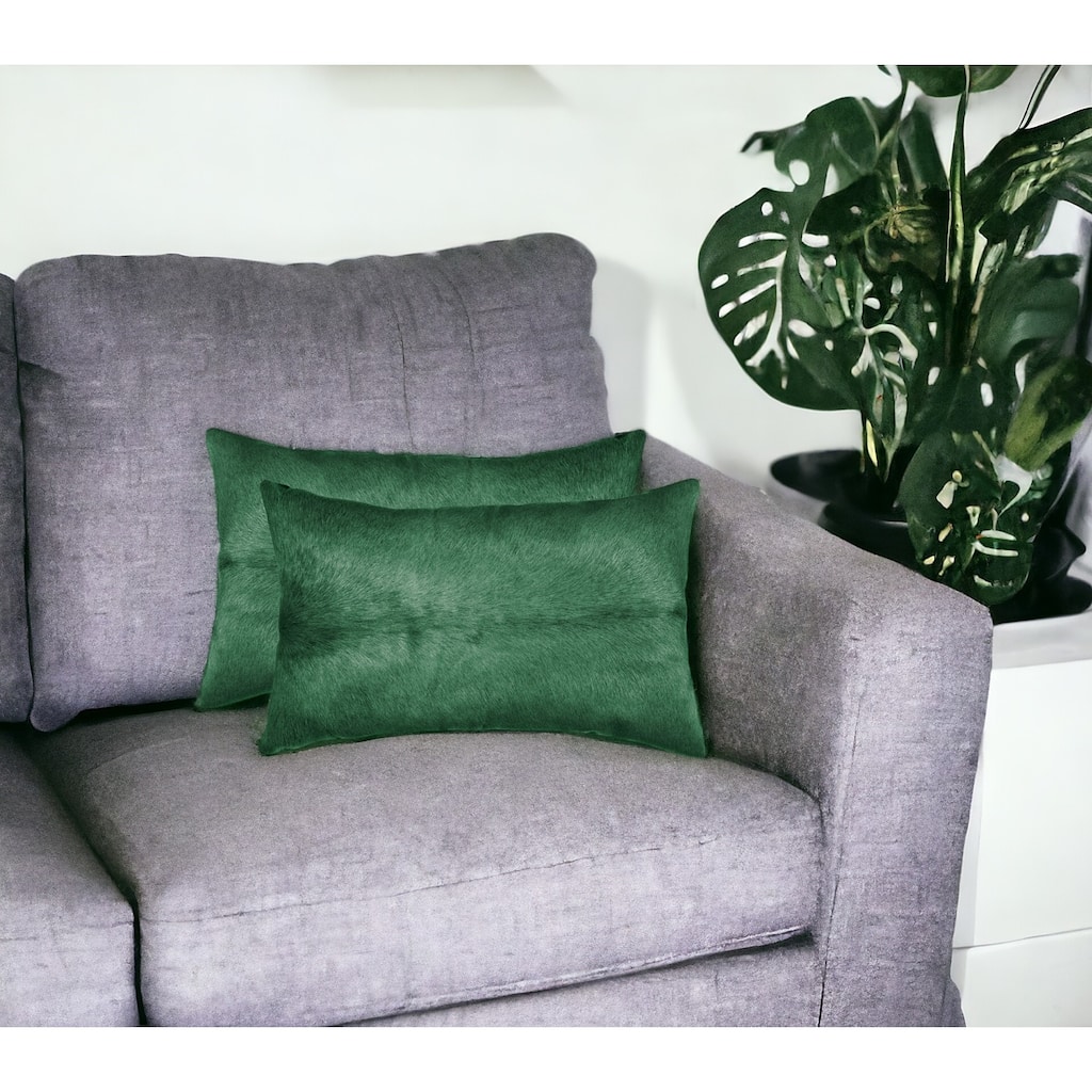 Set of Two 12" X 20" Green Cowhide Throw Pillow