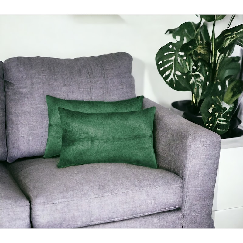 Set of Two 12" X 20" Green Cowhide Throw Pillow - Cotton - Accent