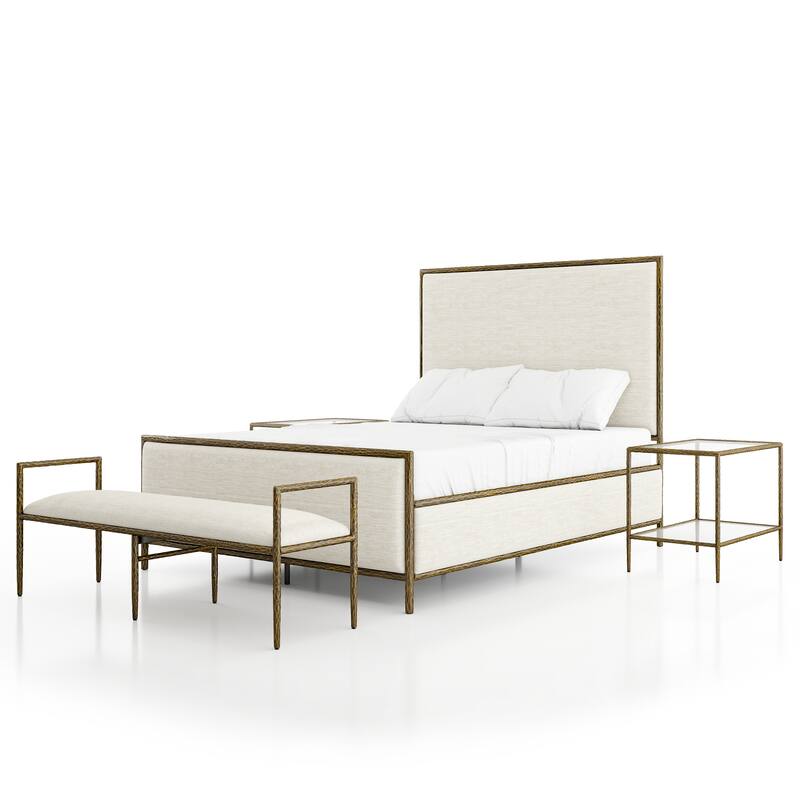 247 Shop At Home Lalia Modern 4-Piece Upholstered Hammered Metal Panel Bedroom Set with 2 Nightstands and Bench