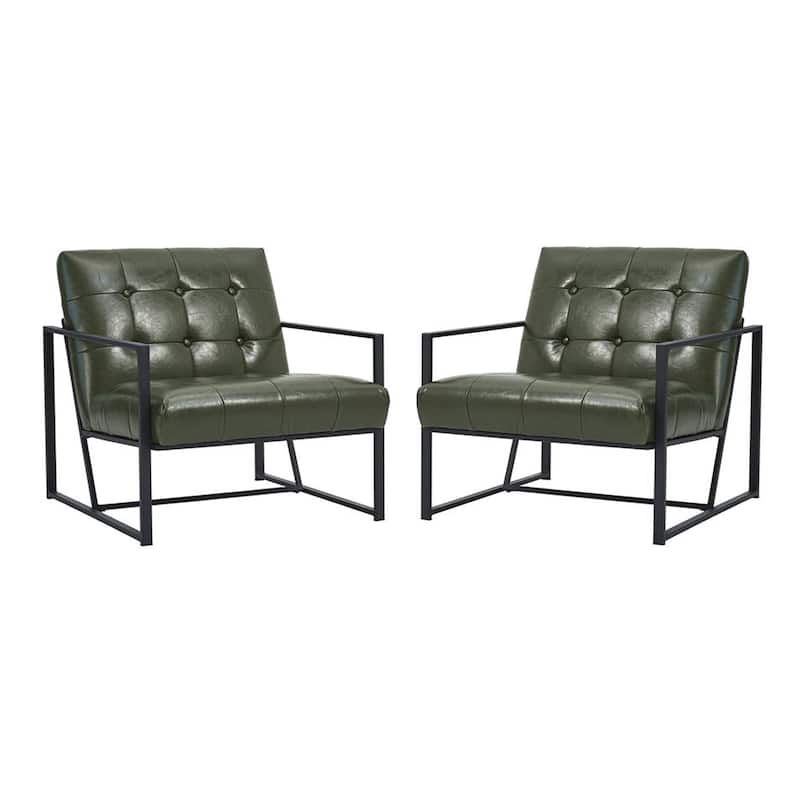 Glitzhome Set of 2 29.25"W Mid-Century PU Leather Tufted Accent Chairs - Hunter Green