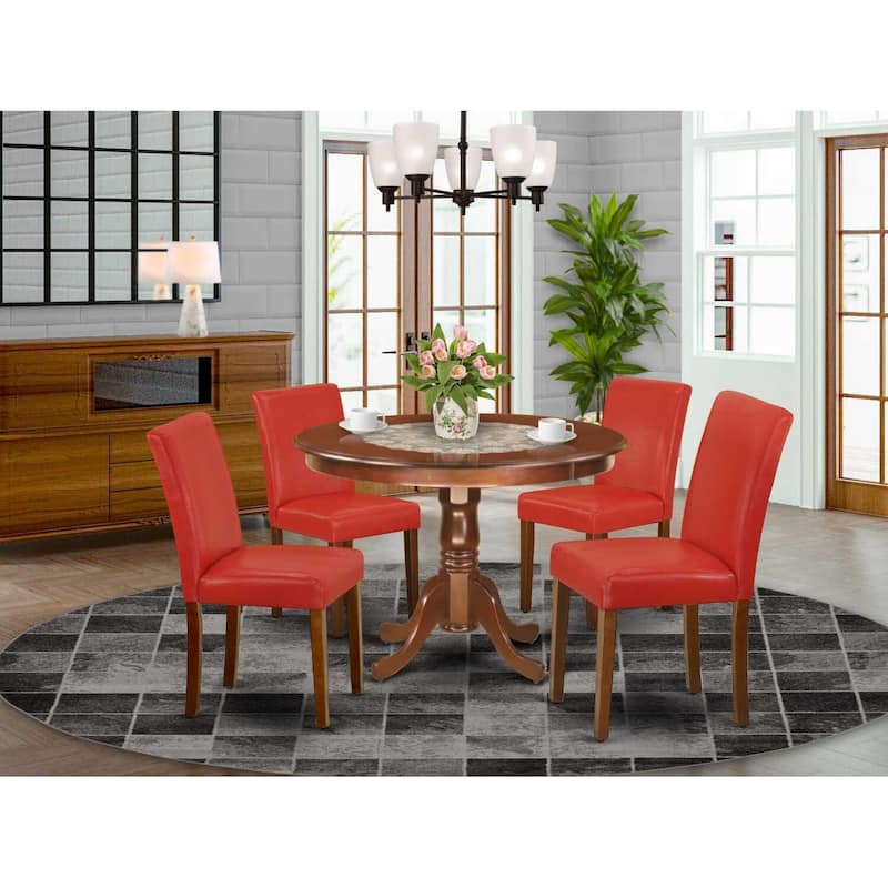 Round Dining Table Set for 4 - 42 Inch Pedestal Table & Firebrick Chairs - Seaside Serenity