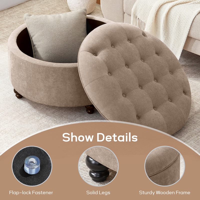 Tufted Large Round Storage Ottoman Footrest Beige/ Grey/ Blue