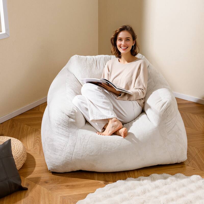 Beige Velvet Bean Bag Chair with Ergonomic Design and Padded Armrests - 51" x 44" x 27"