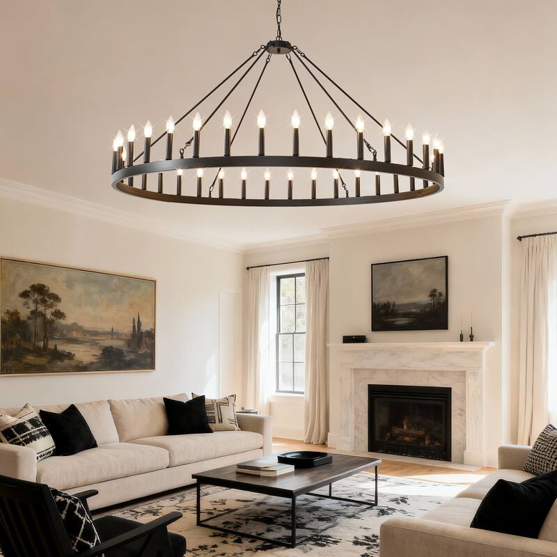 59.1INCH 36-Light Extra Large Wagon Wheel Chandelier, Black Farmhouse Round Wheel Chandelier Light E12