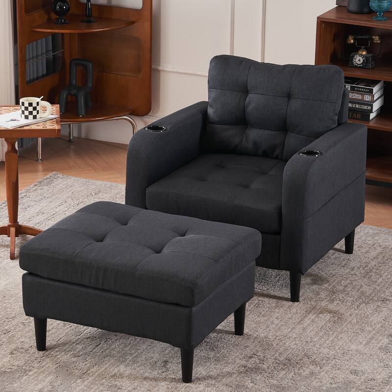 Dark Gray Upholstered Armchair and Storage Ottoman Set - Comfortable Single Sofa with Cup Holders and Tufted Detailing