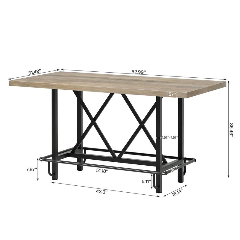 63" Long Wood Dining Table for 4-6 People, Farmhouse Dinner Table with Thick Tabletop, Kitchen Table with Footrest