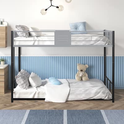 Durable Twin Over Twin Metal Bunk Bed with Vent Board Guardrails, Noise-Free Wood Slats, and Safety Ladder