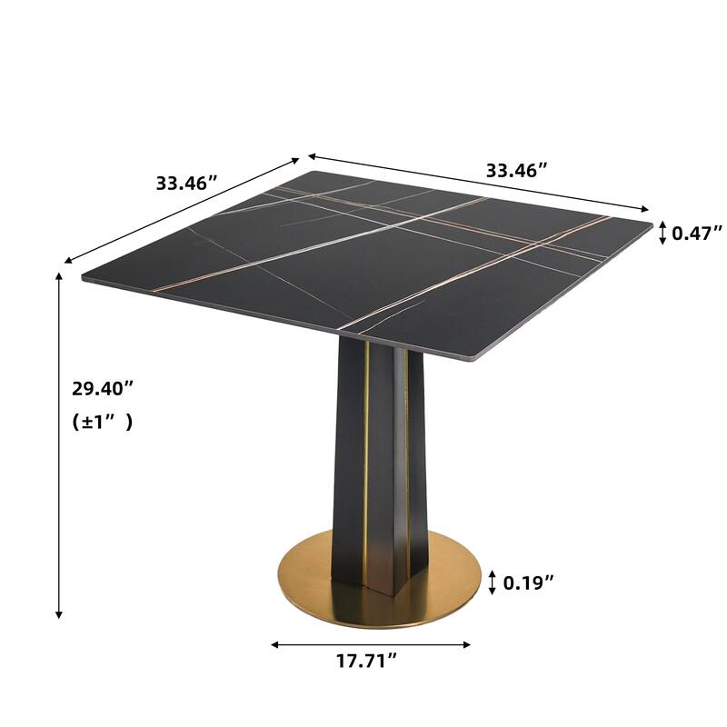 Modern Square Negotiation Table - 85cm Black Sintered Stone Top, Black Wooden Legs with Golden Metal Base