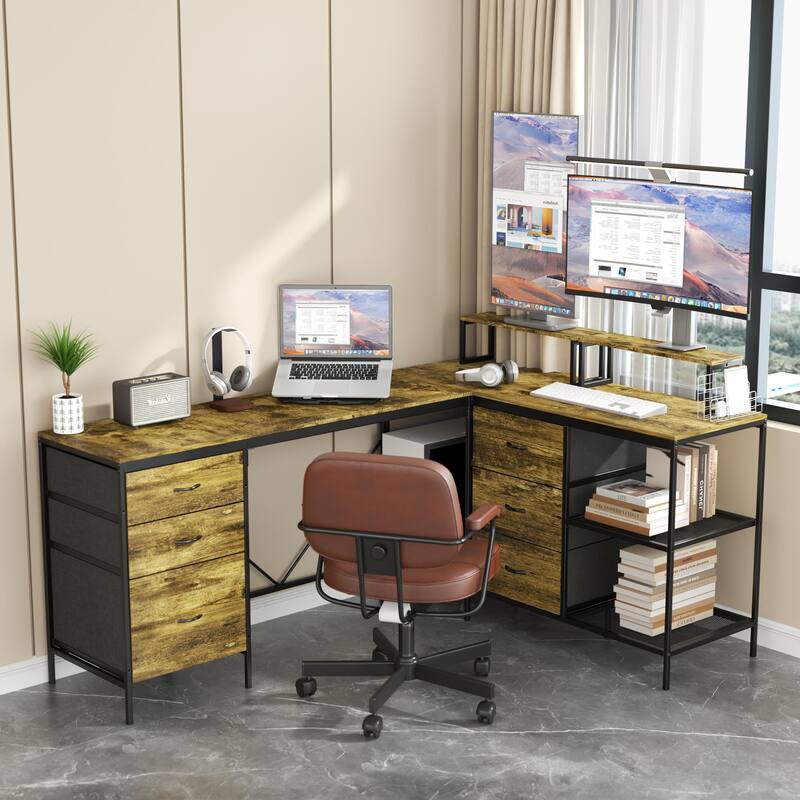 Anmytek Rustic Industrial L Shaped Desk with Power Outlets USB C 6 Fabric Drawers 3 Open Shelves Movable Monitor Stands