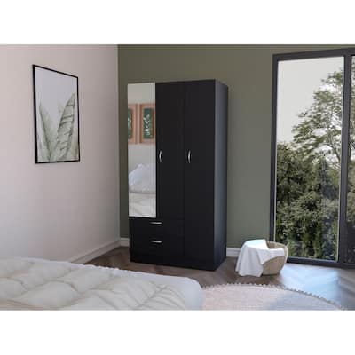 18.9" Modern Armoire with Mirror, Two Drawers and Hanging Rod for Bedroom