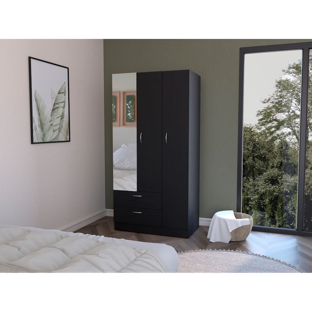 18.9" Modern Armoire with Mirror, Two Drawers and Hanging Rod for Bedroom