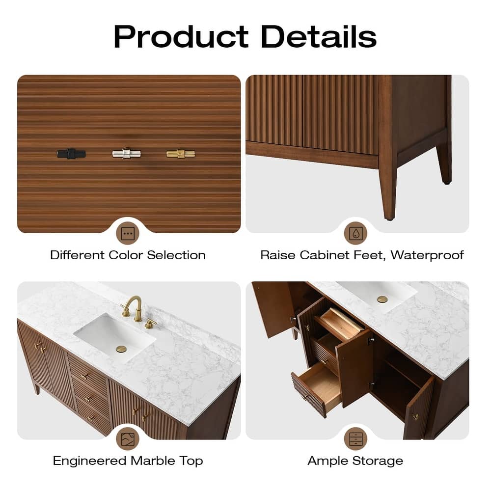 Vanity Art 60" Single Sink Bathroom Vanity Cabinet with Engineered Marble Countertop
