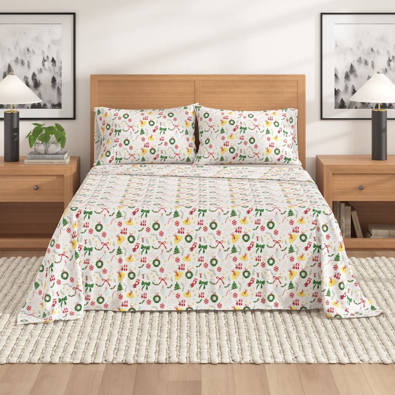 Linery & Co. Christmas Turkish Cotton Double-Brushed Flannel Bed Sheet Set - Full - Celebration