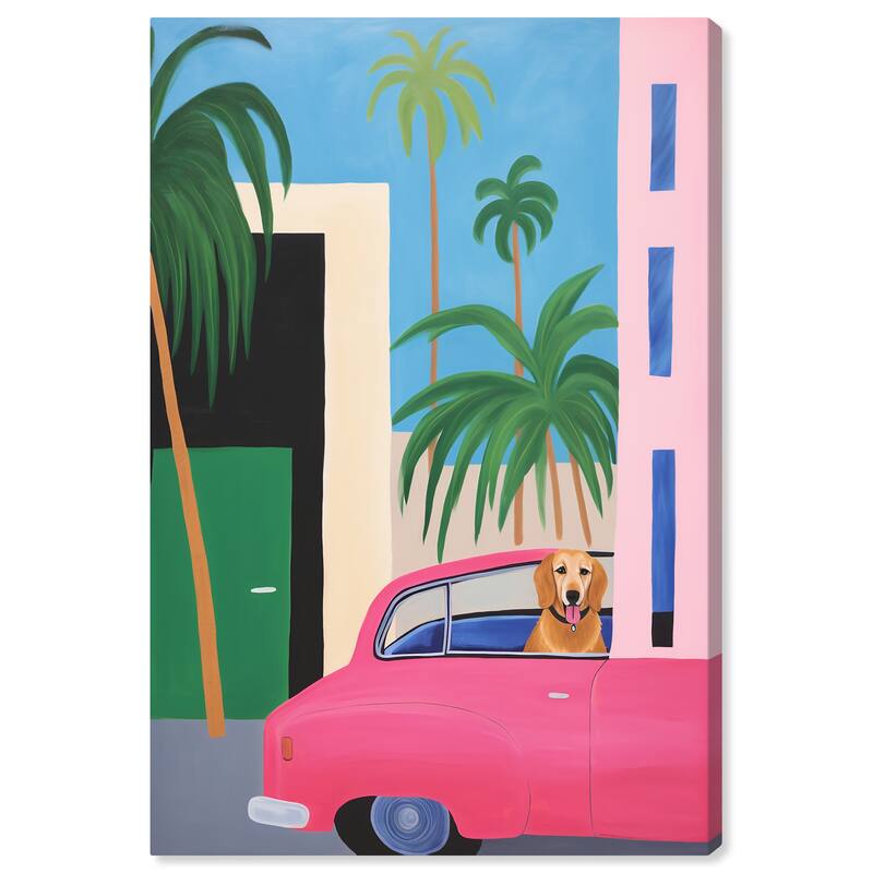 Wynwood Studio Canvas Animals Best Friend in the Car Pink and Nautical & Coastal Wall Art Canvas Print - 30 x 20