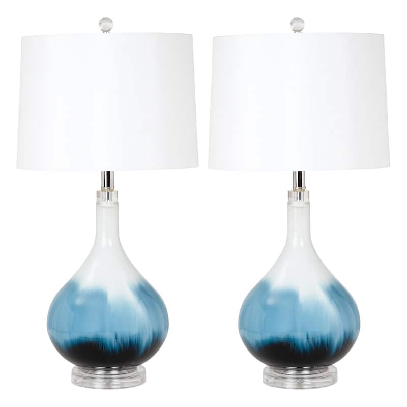Lux Lighting Ombre 28" Stunning Blue Tone Glass Table Lamps with Linen Shade (Set of 2) 3-Way Switch