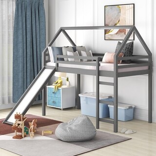 Stylish and Playful Design Wood Loft Bed with Slide, Ladder and Roof, Twin size