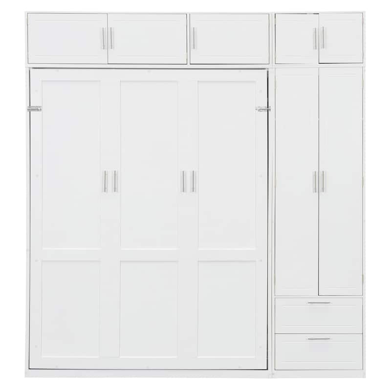 Foldable Platform Bed Queen Size Wall Murphy Bed with Top Cabinet, Shelves, Drawers and Wardrobe for Apartments, Guest Rooms