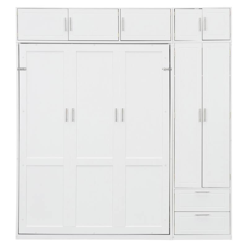 Roomfitters Queen Murphy Wall Bed with Top Cabinet, Wardrobe and Storage Drawers, Integrated Shelves