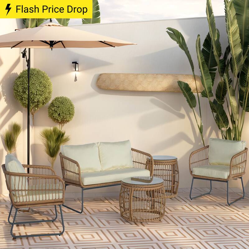 5 Pieces Patio Furniture Set, Outdoor Wicker Patio Conversation Set, Loveseat with Cushion and Pillow, 2 Tempered Glass Table