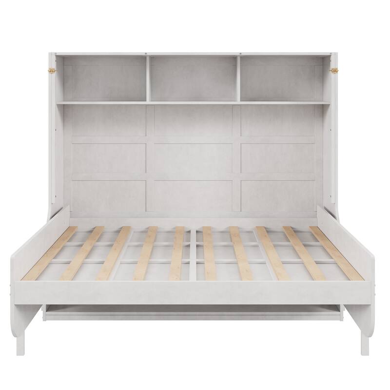 Full Size Murphy Bed Convertible Study Desk, White Frame Folding Bed