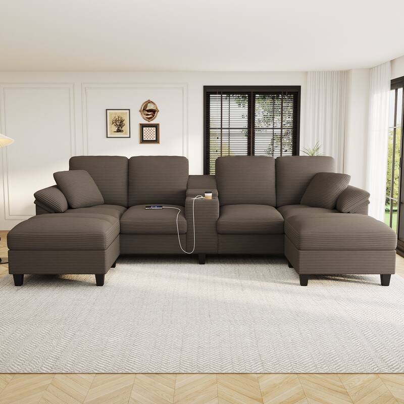 Corduroy Upholstered 4 Seat Sofa, U-shaped Sectional Sofa with Movable Storage Ottomans, Console, Cup Holders and USB Ports - Brown
