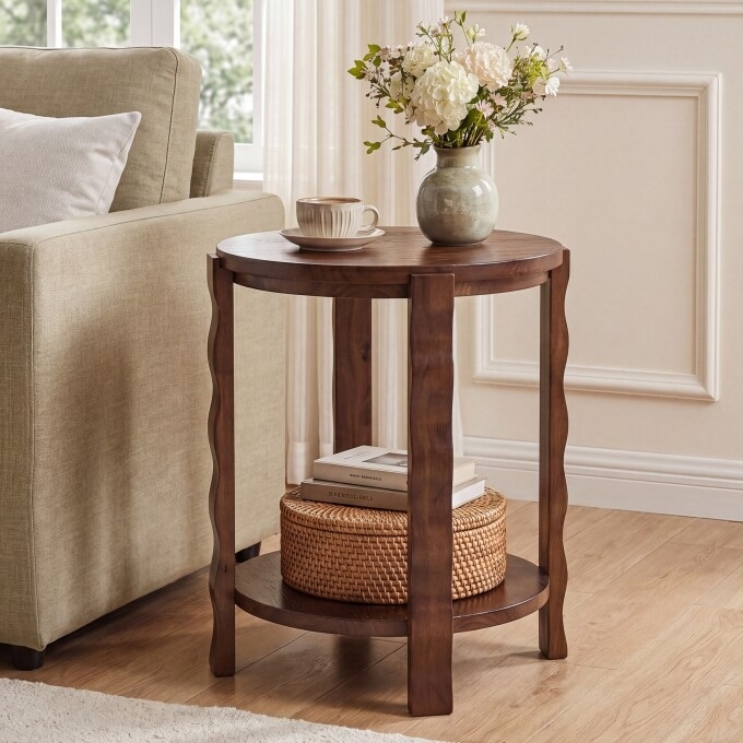 Solid Wood Round End Table, 2-Tier Couch Side Table for Living Room, Besdside Table with Shelf for Bedroom