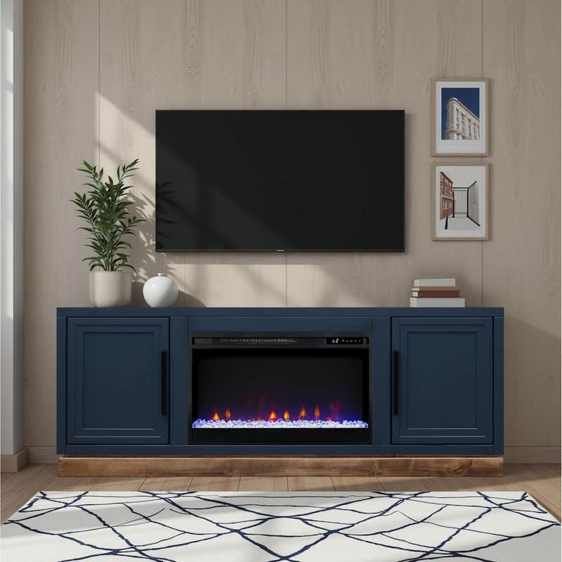 Bridgevine Home Nora 64 inch Fireplace TV Stand, for TVs up to 85 inches, Two-Tone Finish - Blue Denim and Whiskey