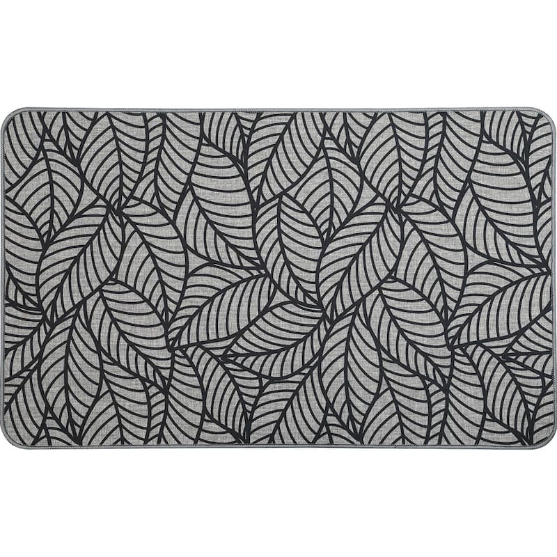 Jungle Printed Kitchen Mat Gray Leaves Design - Floor Mat 32"L x 20"W - Gray