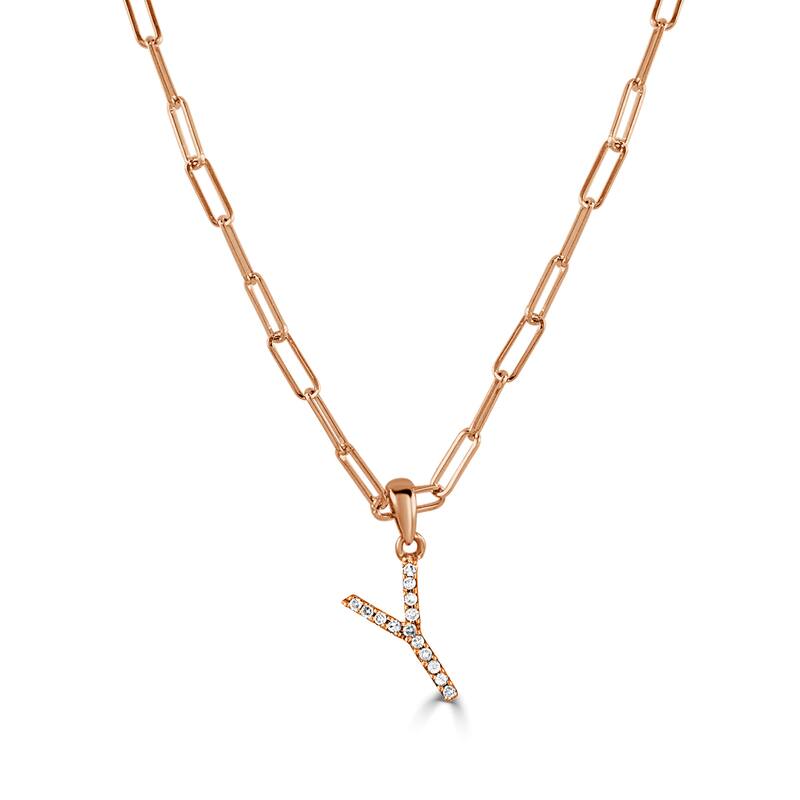 Joelle Collection Diamond Initial Letter Necklace Paperclip 14K Gold 16-inch Chain 1/10 TDW Necklace - Y - Rose