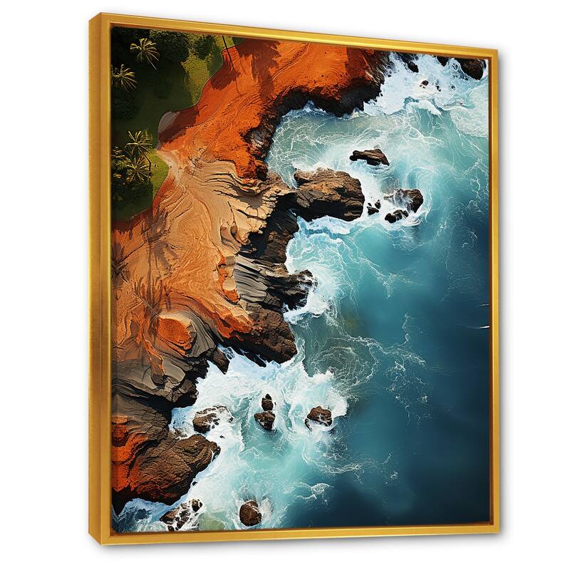 Designart "Rocky Beach Aerial View I" Coastal Beach White Wall Decor - Coastal Hallway Framed Wall Art Decor