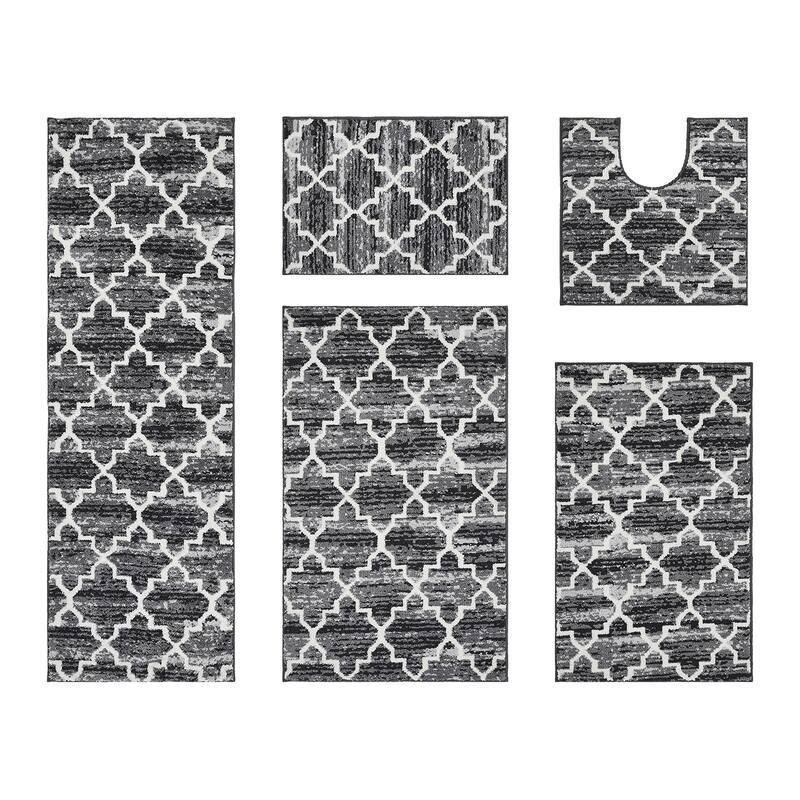 Better Trends Savio Collection 4 & 5 Pc Set Bathroom Rug - 100% Micro Polyester with Gel Foam Backing, Machine Washable Bath Mat