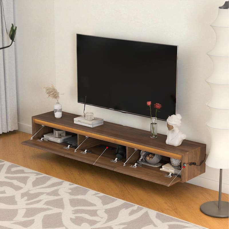 Floating High Gloss Wall Mounted TV Stand with LED Lights, USB Ports and Power Outlet for 60 to 69 Inch TVs