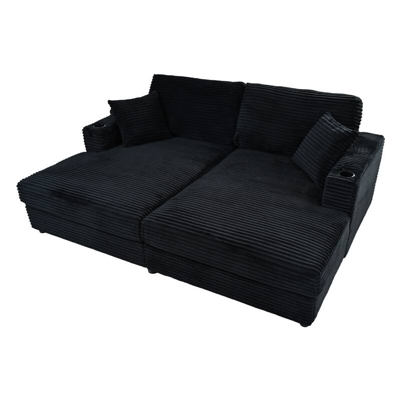 86.5" Corduroy Chaise Lounge Sofa with 2 USB Ports, Cup Holders, and 550lb Capacity