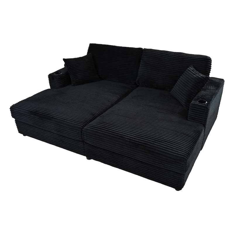 Roomfitters Oversized Loveseat Chaise Lounge Sectional Sofa Bed, Corduroy Sleeper with USB Ports, Cup Holders