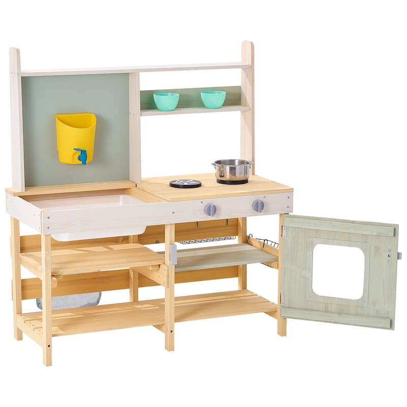 Natural-Green Cedar Wood Outdoor Mud Kitchen Playset with Accessories - 15” D x 35” W x 39” H