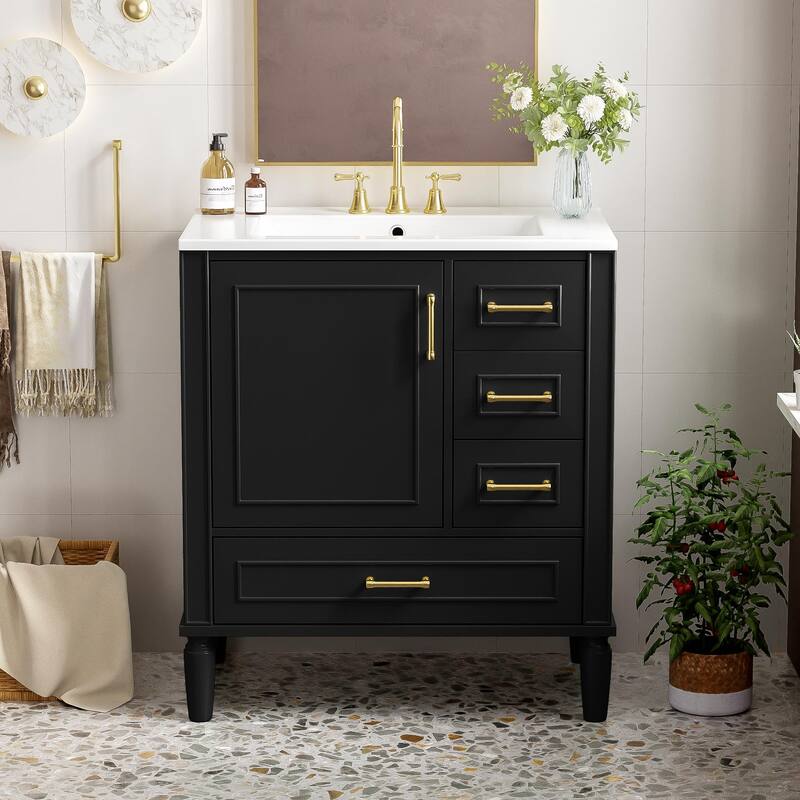 30" Bathroom Vanity with Ceramic Sink, Soft-Close Door, Built-in Shelf & Ample Storage
