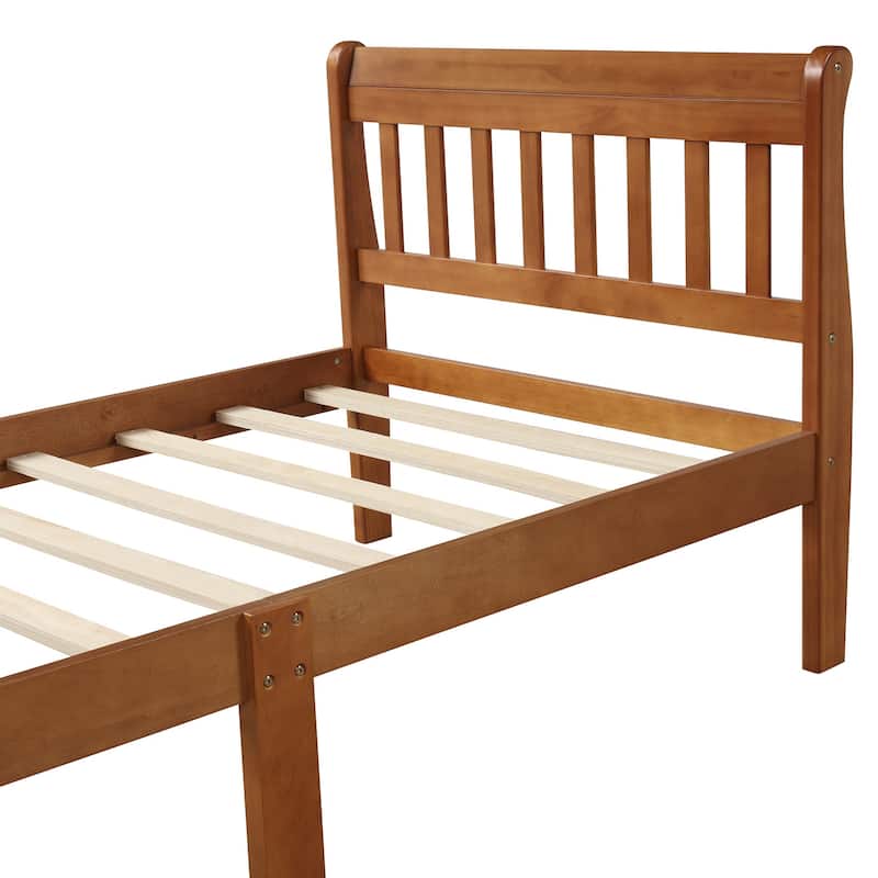 Classic Sleigh Bed Twin Size Platform Bed with Hollow Design Headboard and Footboard, Solid Wood Frame with Slat Support