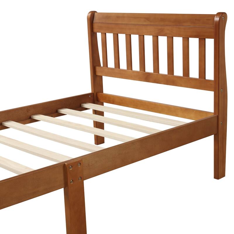 Twin Size Platform Bed Solid Wood Sleigh Bed Frame with Hollow Designed Headboard, Footboard and Wood Slat Support