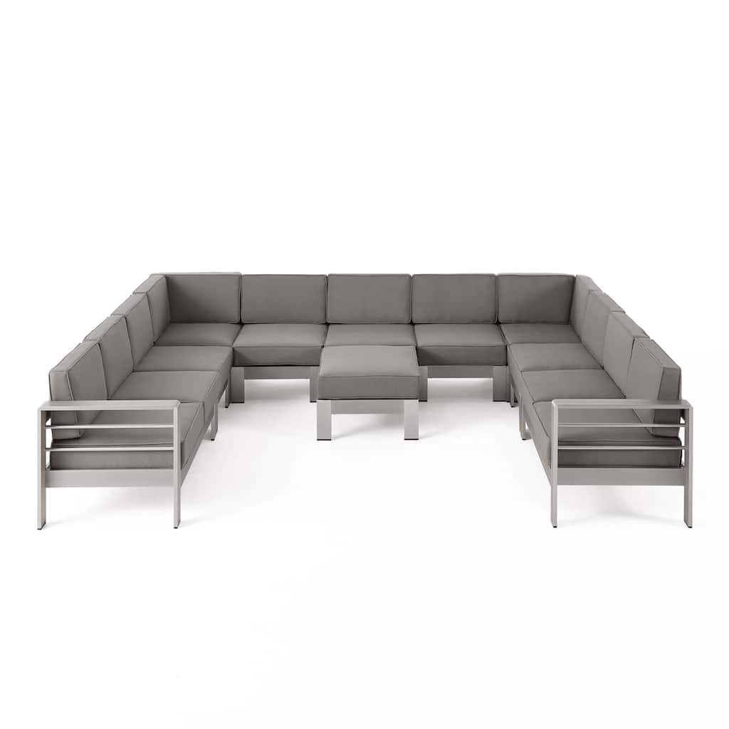 Cape Coral Outdoor 11 Seater Aluminum U-Shaped Sofa Sectional and Ottoman Set by Christopher Knight Home