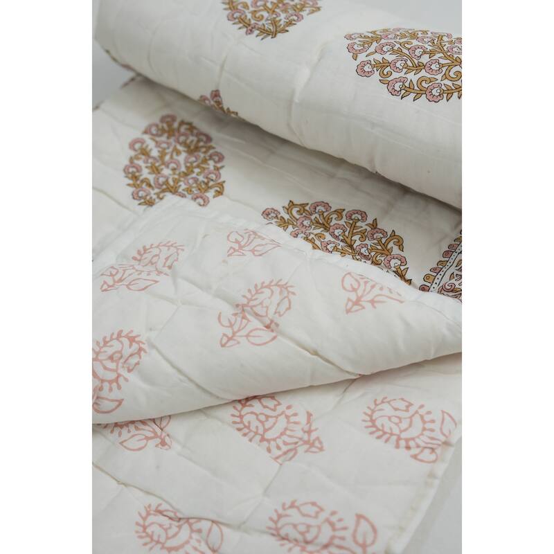 Fabdivine Floral Print Cotton Traditional Bedding Quilt Guldasta Brown Pink, Handmade Reversible Bedspread for Bedroom Decor