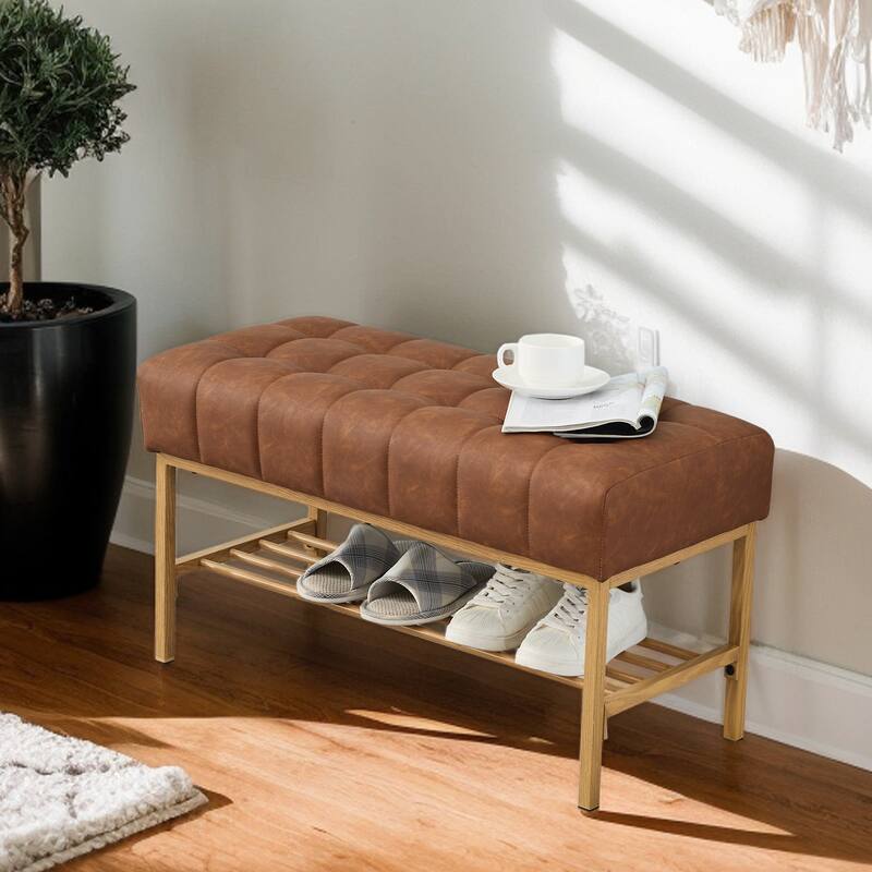 Entryway Storage Shoe Bench,Modern Upholstered Storage Bench with Shelf - Brown
