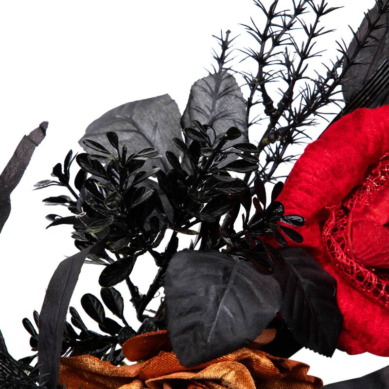 Roses with Mixed Foliage Halloween Wreath - 22" - Red and Gold - Unlit